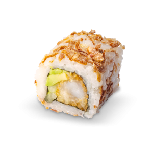 Crispy california roll's avec crevette, avocat, concombre et oignons crispy.