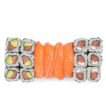 Plateau de 16 produits au saumon (sushis saumon, california roll’s saumon/avocat et california roll’s saumon/fromage)